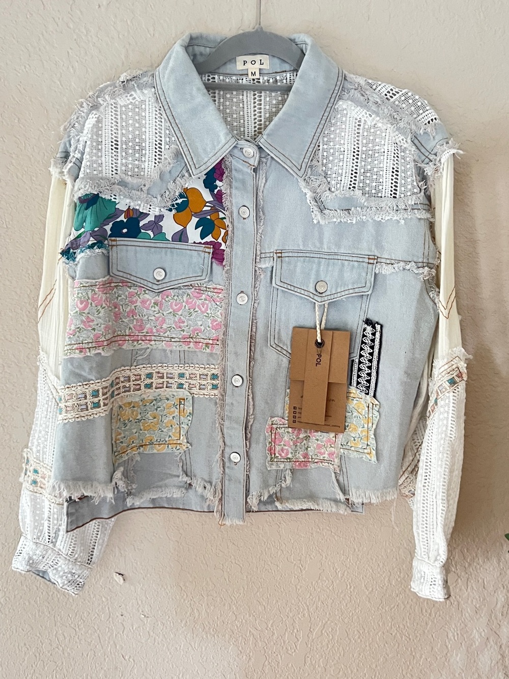 POL Light Blue Patchwork Lace Denim Jacket with Floral Accents